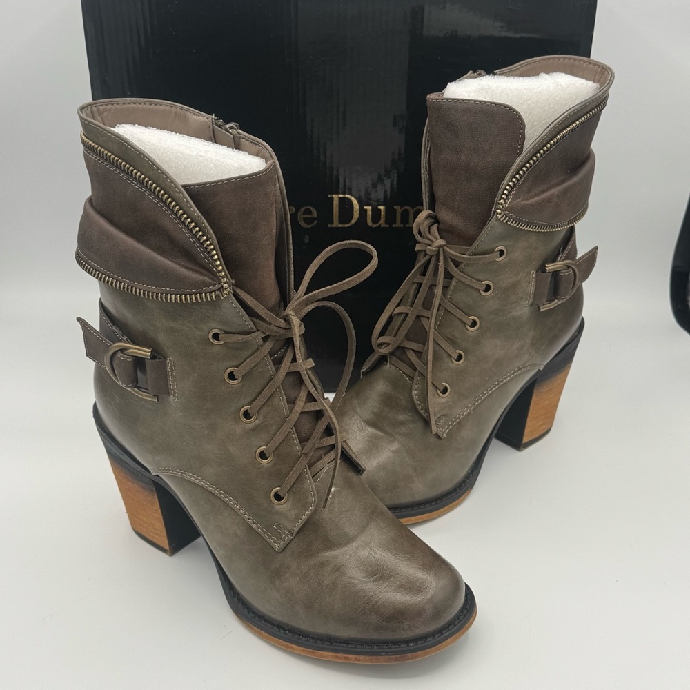 NIB Pierre Dumas Ravenna Lace Up Side Zip Block Heel Ankle Boots Loden Olive ish